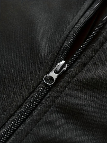 Տղամարդու մուգ կապույտ "Shan Yes" տպագրությամբ սպորտային հագուստ - ճարմանդով բաճկոն և գրպաններով մարզական տաբատ, ստանդարտ ֆիթ, գարնան և աշնան համար, հարմարավետ հանգստի հագուստ, հանգստի բաճկոն | սպորտային բաճկոն | ճարմանդով փակում, անհրաժեշտ բաճկոն