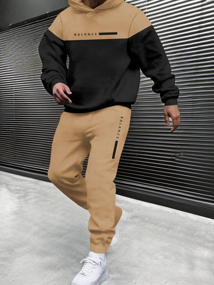 Տղամարդու աշուն/ձմեռ առօրյա պոլիեսթերային սպորտային համազգեստի հավաքածու - երկար թևքերով գլխարկով վերնաշապիկ՝ տառերի տպագրությամբ և պատչվորք դիզայնով, կանոնավոր չափի լարով վազորդներ, տրիկոտաժե գործվածք, թեթևակի ձգվող