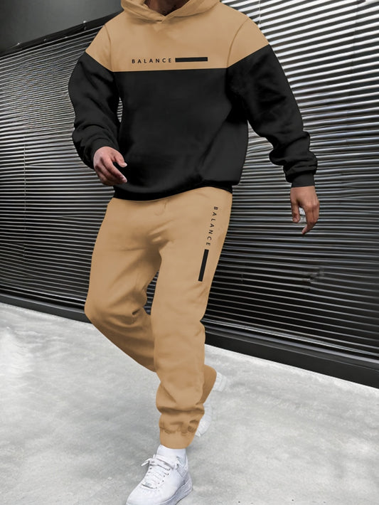 Տղամարդու աշուն/ձմեռ առօրյա պոլիեսթերային սպորտային համազգեստի հավաքածու - երկար թևքերով գլխարկով վերնաշապիկ՝ տառերի տպագրությամբ և պատչվորք դիզայնով, կանոնավոր չափի լարով վազորդներ, տրիկոտաժե գործվածք, թեթևակի ձգվող