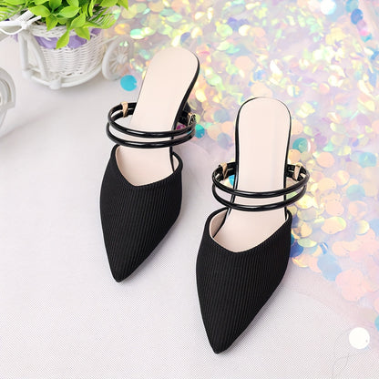 Women'S Elegant Black Pointed-Toe High Heel Sandals with Adjustable Ankle Strap - Slip-On Flared Block Heel, Synthetic Fabric Upper  Rubber Sole, Versatile for Casual or Formal Occasions, Durable Fashionable Party Shoes, Hig