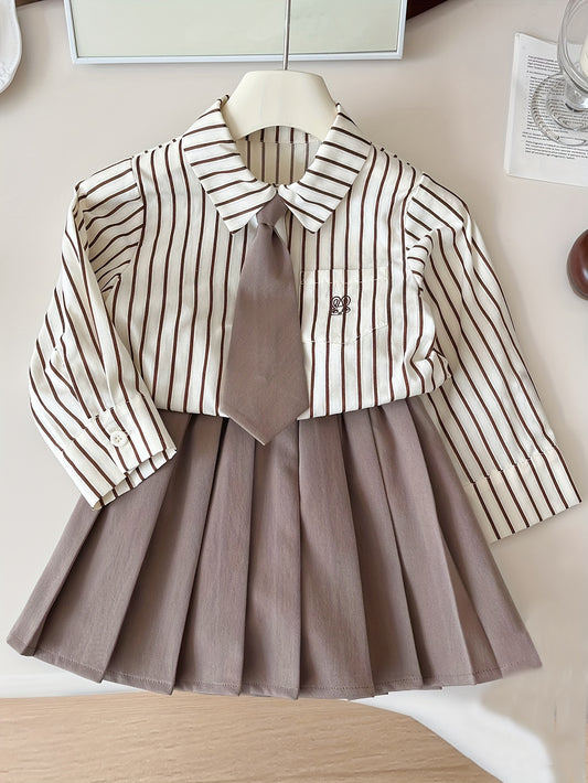 2Pcs Sweet Girl's Suit Tie Collar Long-Sleeve Cotton Shirt + Solid Pleated Skirt Set - Spring & Fall Outdoor Clothes Preppy Style Girls Outfits - Ayq