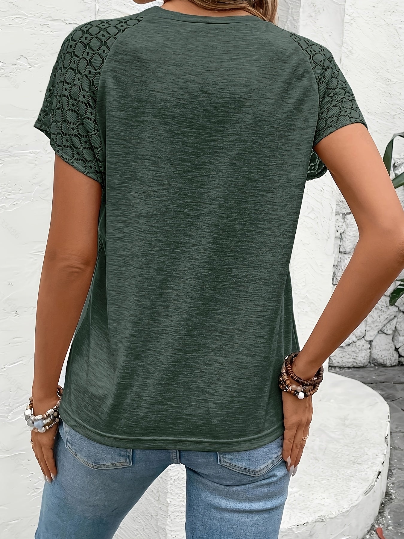 Women's Elegant Lace Sleeve T-Shirt - 100% Polyester, Machine Washable, Solid Color, Spring Summer Fall Casual Top, Versatile for Everyday & Special Occasions, Ladies T Shirts, Sophisticated Casual Wear, Polished Texture Fabr