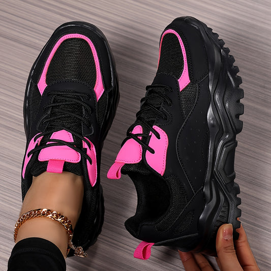 Women's Lightweight Chunky Sneakers - Versatile Korean Style Dad Shoes with Thick Sole, Breathable Mesh Upper, Casual Lace-Up Athletic Footwear in White, Green/White, and Black/Pink