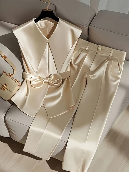 2 հատ էլեգանտ պոլիեսթերային տաբատային հավաքածու, ջրվեժաձև օձիք, միագույն անթև վերնաշապիկ և տաբատ, պոլիեսթերի և սպանդեքսի խառնուրդ, ժապավենաձև դետալներով, գարնանային և ամառային ոճ - Nian Nian