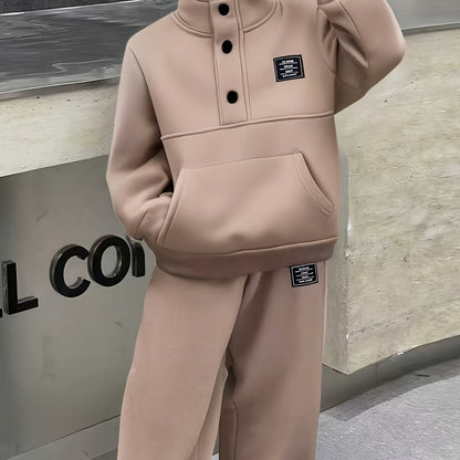 Տղաների հարմարավետ բրդյա աստառով վերնաշապիկի և սպորտային տաբատի հավաքածու - ձիթապտղի կանաչ, առօրյա ձմեռային հագուստ գրպաններով, հաստ տաքություն աշնան և ձմռան համար, սովորական չափսի, առօրյա հագուստ, բացօթյա օգտագործման համար