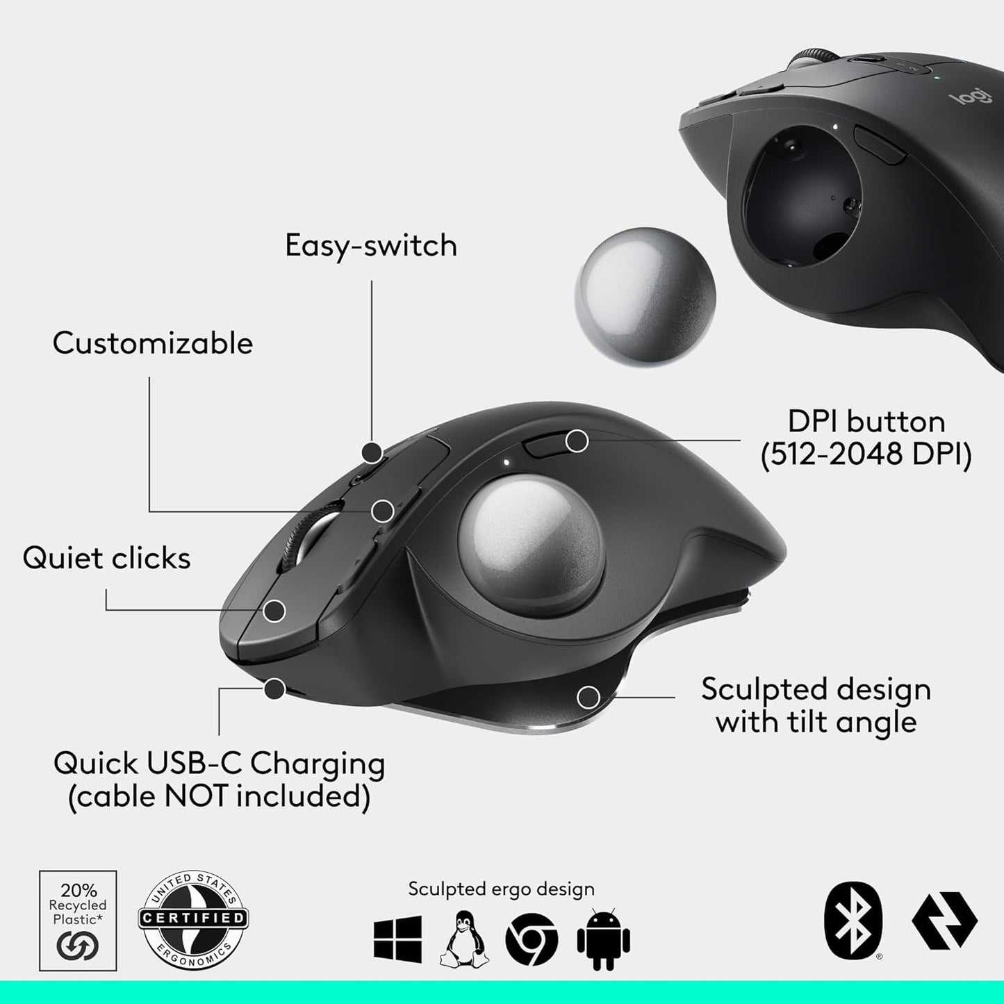 Logitech MX Ergo S Advanced Wireless Trackball Mouse, USB-C Rechargeable Wireless Ergonomic Mouse with Bluetooth and Encrypted Dongle, 6 Programmable Buttons, for Pc/Mac - Graphite
