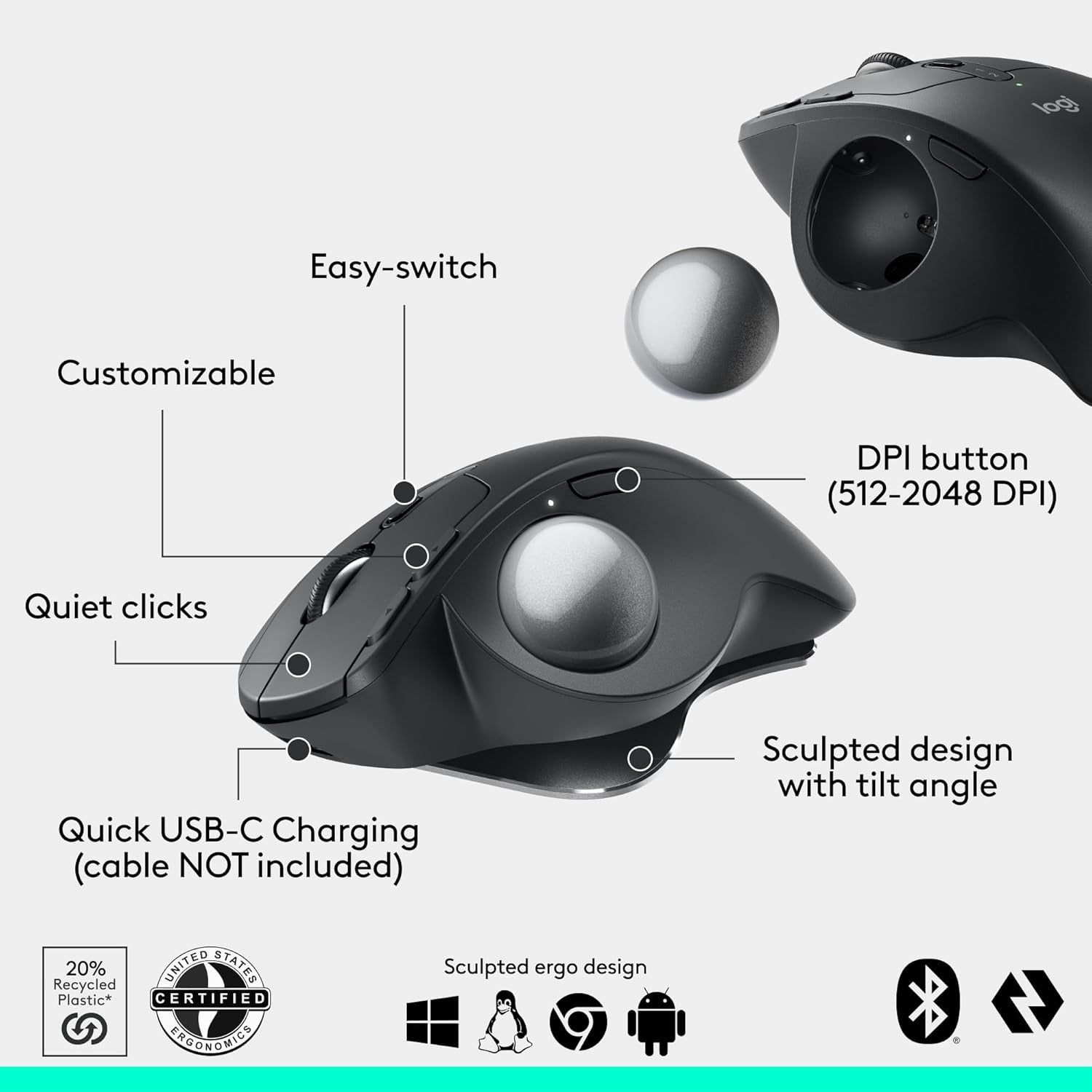 Logitech MX Ergo S Advanced Wireless Trackball Mouse, USB-C Rechargeable Wireless Ergonomic Mouse with Bluetooth and Encrypted Dongle, 6 Programmable Buttons, for Pc/Mac - Graphite