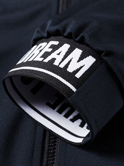 Տղամարդկանց ամենօրյա սպորտային հագուստի հավաքածու - բեժ գույնի ճարմանդով բաճկոն և մարզական տաբատ "DARE TO BE" տպագրությամբ, երկար թևերով, գրպաններով և քաշվող գոտիով, իդեալական է վազքի և հանգստի համար, գարուն/աշուն հավաքածու, գարուն-աշուն հագուստ | Zipup J