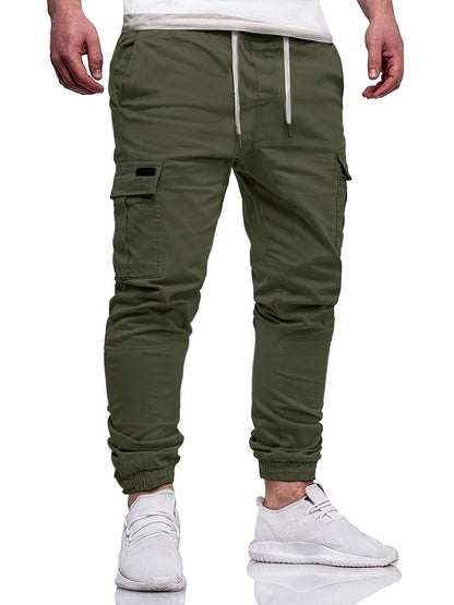 Men's Fashion, Regular Fit And Cuffed Solid Cargo Pants With Flap Pockets, Chic And Trendy Solid Drawstring Leisure Trousers For Daily Outerwear - ayq