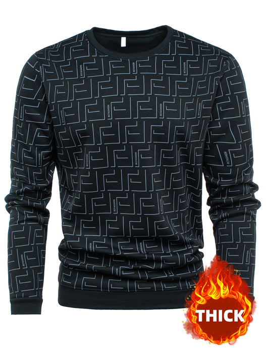New Autumn And Winter Men'S Long-Sleeve Fleece Sweatshirt, Featuring a Geometric Pattern Design, Warm And Soft Stylish Round-Neck Sweatshirt, a Perfect Gift for Men to Keep Warm