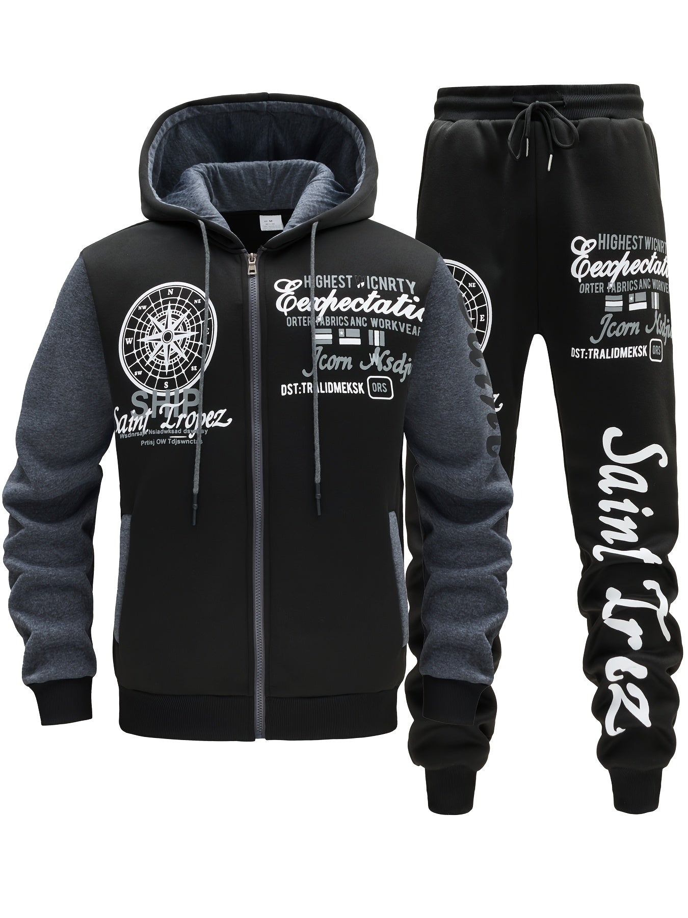 Men'S Bold Print Urban Streetwear Pullover Hoodie & Pants Set - Black & Red with "Saint" Design, Polyester, Long Sleeve, Regular Fit, Spring/Fall Casual Wear, Casual Streetwear Outfit|Bold Print Hoodie|Stretchy Fabric