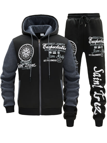 Men'S Bold Print Urban Streetwear Pullover Hoodie & Pants Set - Black & Red with "Saint" Design, Polyester, Long Sleeve, Regular Fit, Spring/Fall Casual Wear, Casual Streetwear Outfit|Bold Print Hoodie|Stretchy Fabric