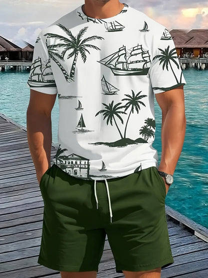 A set of 2 stylish Men's palm tree pattern summer fresh T-shirts and shorts, micro-stretch polyester knit fabric with a fitted fit, suitable for outdoor activities and family gatherings.