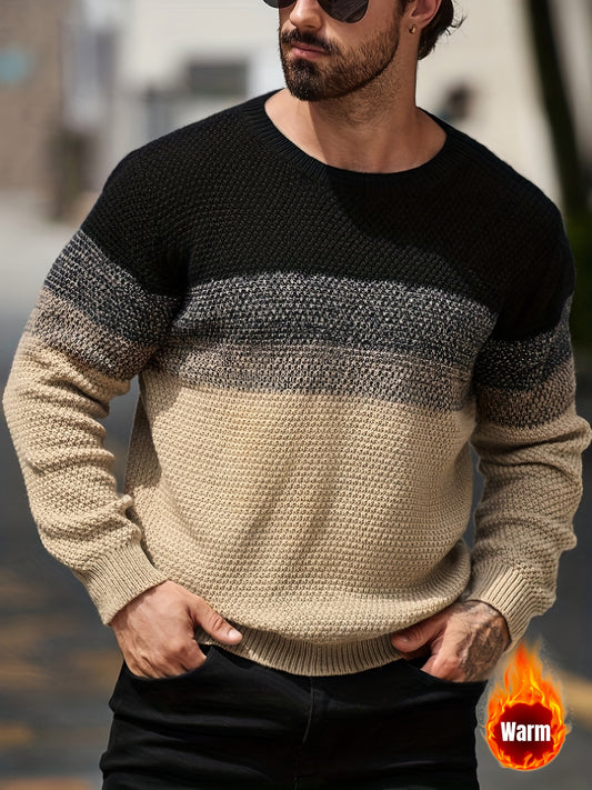 Men's Winter Gradient Color-Block Knit Sweater - Loose Fit Style Ombre Blending (Warm Round Neck Pullover) for Cold Weather, Casual & Smart-Casual Outfits - Opaque Loose-Fit Top
