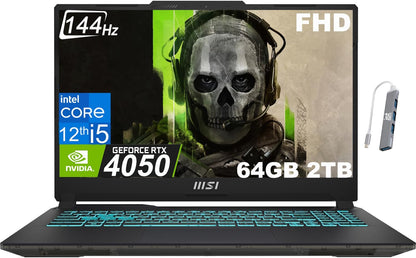 MSI Cyborg 15 Thin GF63 Gaming Laptop (15.6" FHD 144Hz, Intel Core I7-12650H, 32GB DDR5 RAM, 1TB SSD, Geforce RTX 4060 8GB), Webcam, Backlit KB, Wifi 6, Ethernet, IST Cable, Win 11 Home, 2023, Black