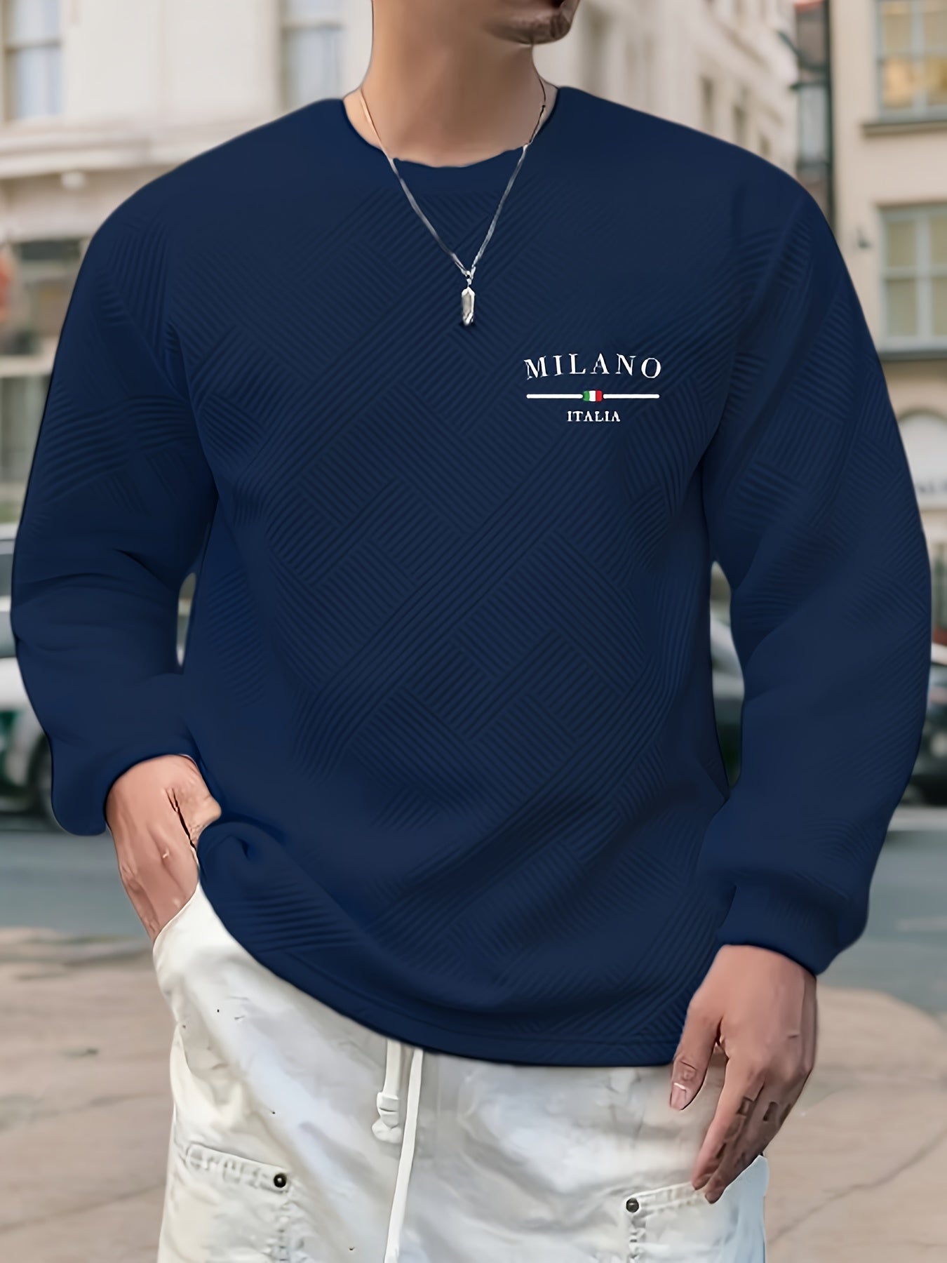 Տղամարդու առօրյա երկար թևքերով, կլոր վզնոցով սվիտեր | Ծանր երկրաչափական նախշերով, սովորական չափսերով, իդեալական է գարուն/աշուն համար