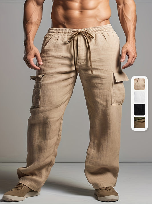 Solid Retro Men's Cotton And Linen Drawstring Long Trousers With Multiple Pockets, Outdoor Daily