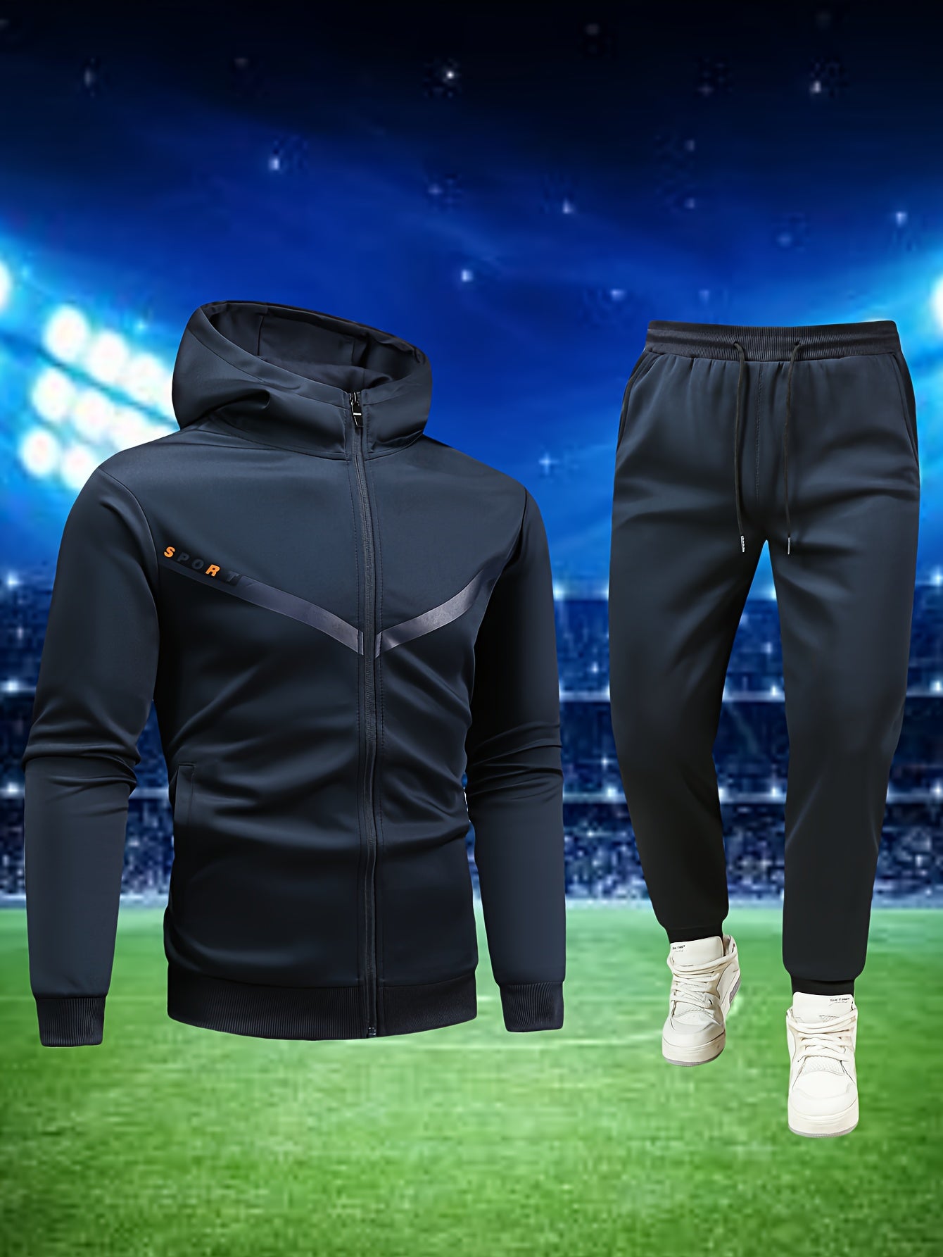 Տղամարդկանց առօրյա սպորտային հագուստի հավաքածու. Բարձրորակ գլխարկով սվիտեր և մարզաշապիկ վազքի, ֆիթնեսի և տնային հագուստի համար - Գարուն/աշուն երկկտոր հագուստ