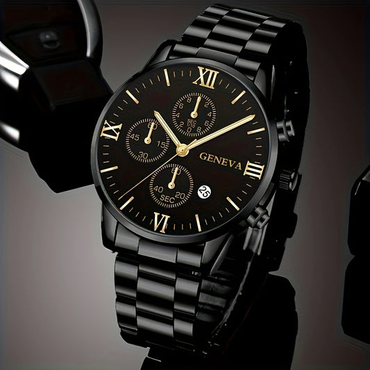 1pc Men's Stylish Black Quartz Watch with Stainless Steel Band - Elegant Roman Numerals, Date Display, and Golden Accents - Perfect Gift for Christmas, Thanksgiving, Valentine's Day - Ideal for Him or Family, Date Feature Wat