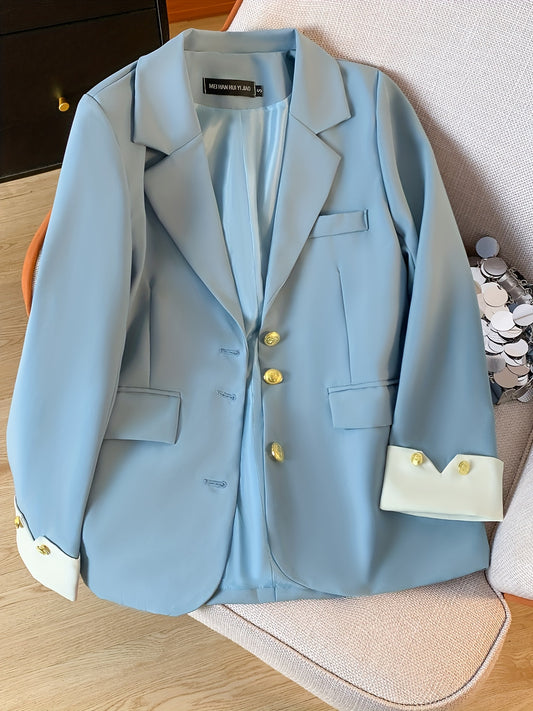Chic Light Blue Slim-Fit Blazer for Women - Stylish Long Sleeve Work Office Outerwear with Golden Button Details, Elegant Polyester Fabric, Perfect for Spring & Fall - ayq