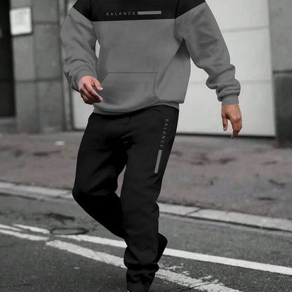 Տղամարդու աշուն/ձմեռ առօրյա պոլիեսթերային սպորտային համազգեստի հավաքածու - երկար թևքերով գլխարկով վերնաշապիկ՝ տառերի տպագրությամբ և պատչվորք դիզայնով, կանոնավոր չափի լարով վազորդներ, տրիկոտաժե գործվածք, թեթևակի ձգվող