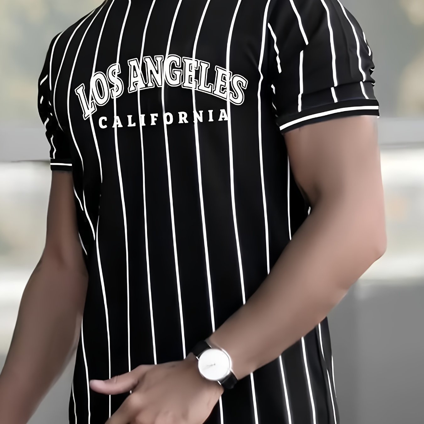 Տղամարդու Լոս Անջելեսի Կալիֆոռնիա ոճի գրաֆիկական մարզաշապիկ՝ սև, սպիտակ, գծավոր, առօրյա, փողոցային ոճի, շնչող, ամառային, կլոր վզնոցով, կարճ թևքերով վերնաշապիկ, սովորական չափսերով, առօրյա, փողոցային ոճի, հարթ հյուսվածքով գործվածքով։