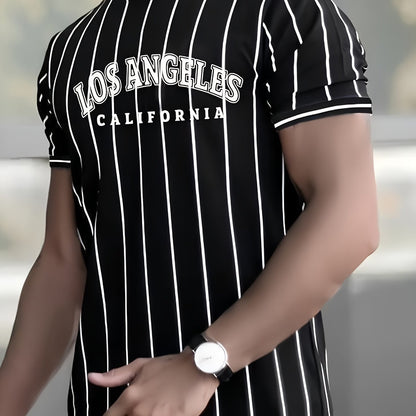 Տղամարդու Լոս Անջելեսի Կալիֆոռնիա ոճի գրաֆիկական մարզաշապիկ՝ սև, սպիտակ, գծավոր, առօրյա, փողոցային ոճի, շնչող, ամառային, կլոր վզնոցով, կարճ թևքերով վերնաշապիկ, սովորական չափսերով, առօրյա, փողոցային ոճի, հարթ հյուսվածքով գործվածքով։