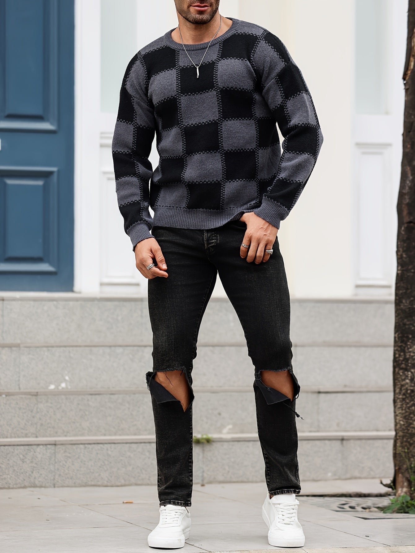 Տղամարդկանց գունաբլոկինգ տեքստուրային պրինտ, պատահական թրենդային սվիտեր, երկարաթև պուլովեր՝ որպես նվեր աշնան և ձմռան համար