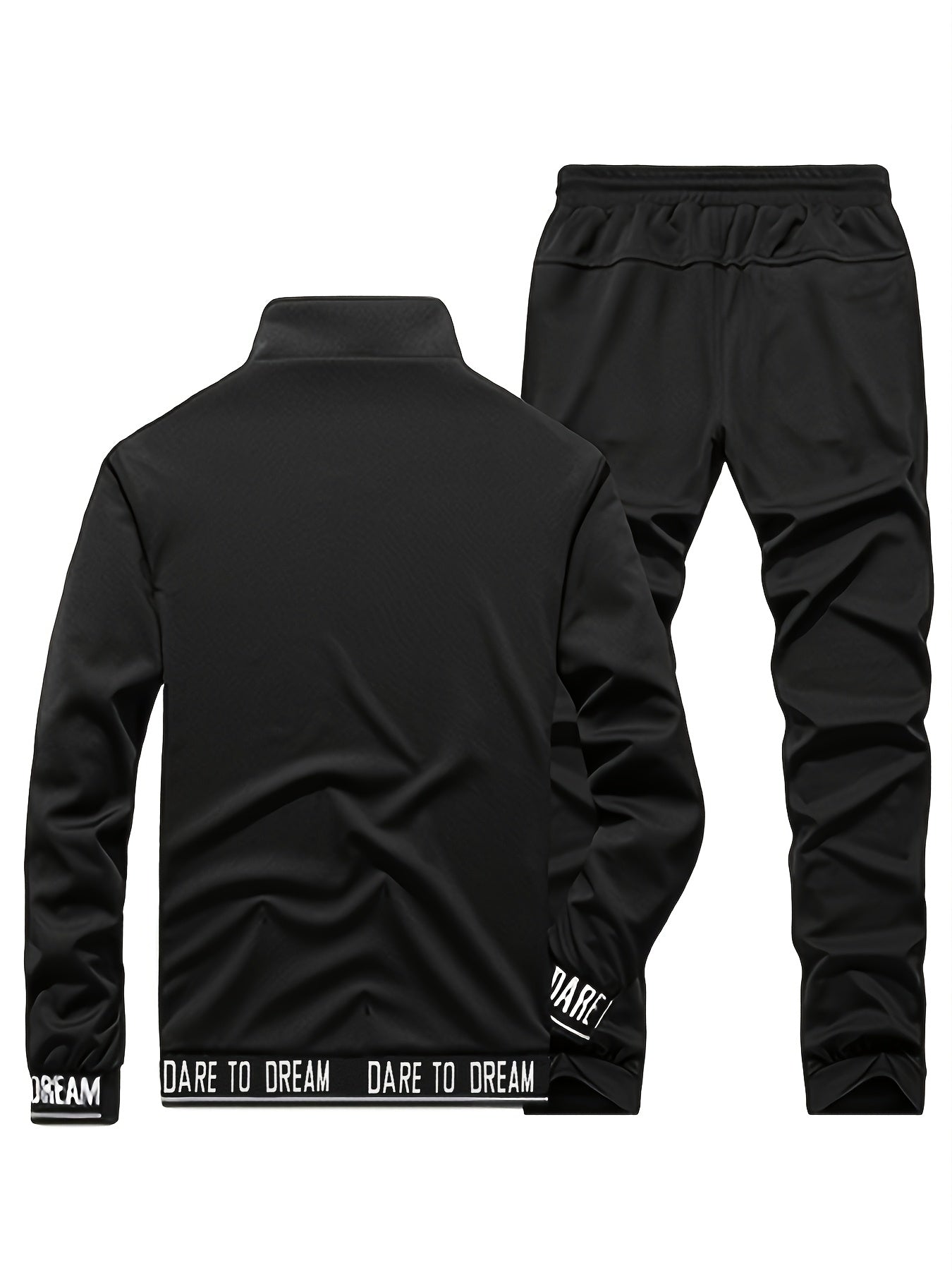 Տղամարդկանց ամենօրյա սպորտային հագուստի հավաքածու - բեժ գույնի ճարմանդով բաճկոն և մարզական տաբատ "DARE TO BE" տպագրությամբ, երկար թևերով, գրպաններով և քաշվող գոտիով, իդեալական է վազքի և հանգստի համար, գարուն/աշուն հավաքածու, գարուն-աշուն հագուստ | Zipup J