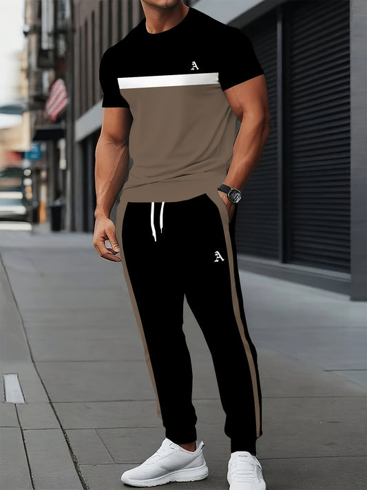 Տղամարդու պոլիեսթերային սպորտային հագուստ | Էլեգանտ, առօրյա, կլոր վզնոցով | Թեթևակի ձգվող տրիկոտաժե՝ գծավոր 3D տպագրությամբ | Սովորական չափսի երկու կտորից բաղկացած հավաքածու | Նախշավոր կարճ թևքով շապիկ և երկար տաբատ