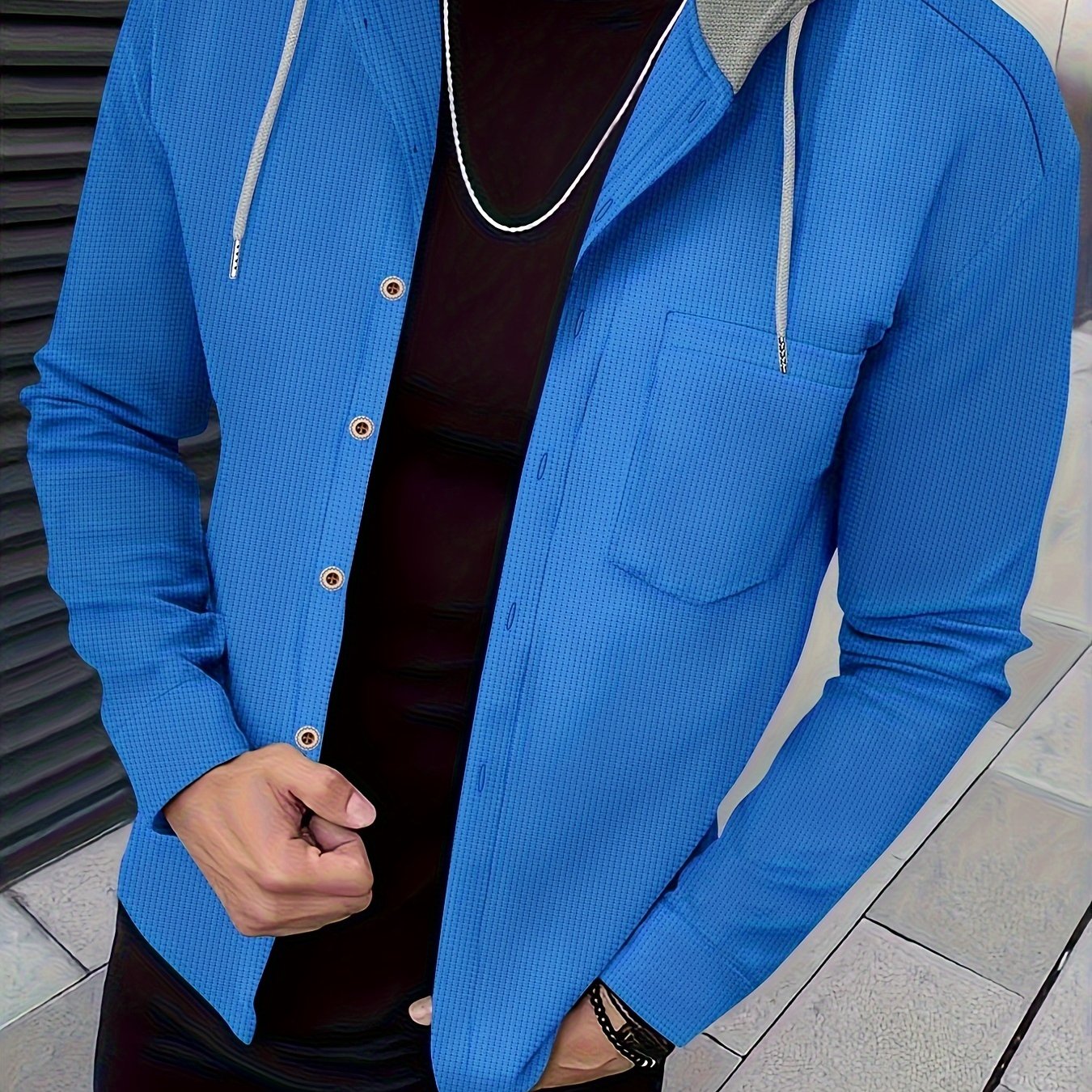 Տղամարդու առօրյա գլխարկով բաճկոն - փափուկ, շնչող պոլիեսթերից՝ կոճակներով դիզայնով և գրպաններով | Հիանալի է գարնանային, աշնանային և բացօթյա գործունեության համար, երկար թևքերով, նորաձև, ամենօրյա, հանգստի ոճով, ավանդական տարբերակով