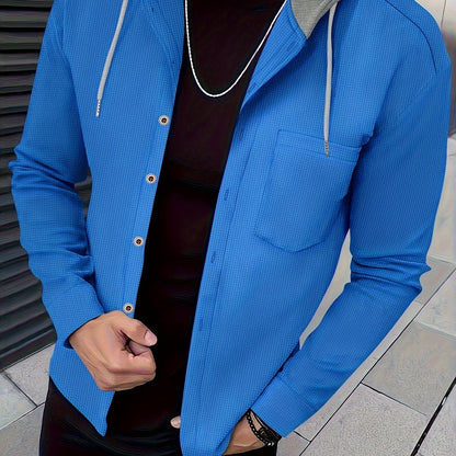 Տղամարդու առօրյա գլխարկով բաճկոն - փափուկ, շնչող պոլիեսթերից՝ կոճակներով դիզայնով և գրպաններով | Հիանալի է գարնանային, աշնանային և բացօթյա գործունեության համար, երկար թևքերով, նորաձև, ամենօրյա, հանգստի ոճով, ավանդական տարբերակով