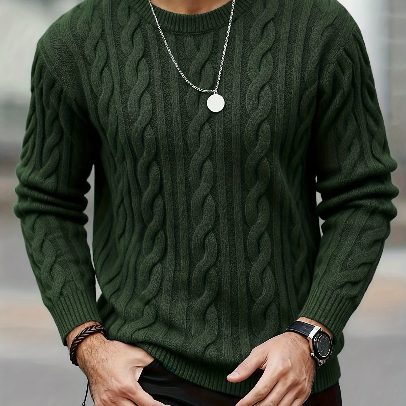 New Autumn-Winter Men's Casual Commuter Solid Color Crew Neck Knit Pullover
