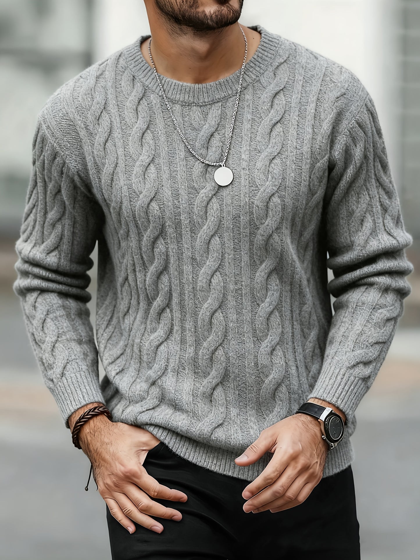New Autumn-Winter Men's Casual Commuter Solid Color Crew Neck Knit Pullover