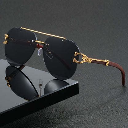 Տղամարդու ոսկեգույն, կրկնակի կամրջակազարդ, առանց շրջանակի օվալաձև ակնոցներ՝ ընձառյուծի զարդարանքով և արհեստական ​​փայտի հյուսվածքով, ոճային ունիսեքս ակնոցներ։