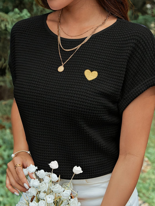 Women'S Brown Knit Short Sleeve Top with Golden Heart Design - Casual Spring/Summer Blouse, Casual Wear|Knit Texture|Short Sleeve Top