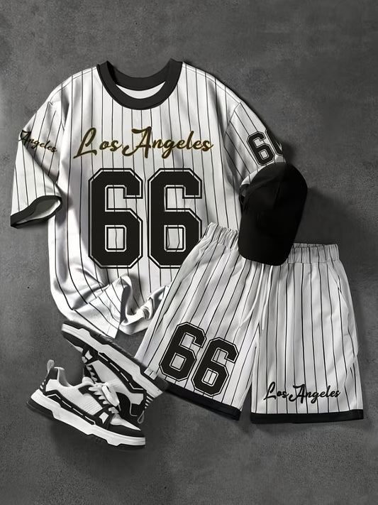 2 հատ հավաքածու, տղամարդու մեծ չափսի Los Angeles 66 տպագրությամբ բլուզ + շորտ - ամենօրյա սպորտային հագուստ, շնչող ձգվող հյուսվածք, կլոր պարանոց, մեքենայով լվացվող, սև և սպիտակ անկյունագծային շերտեր, տոնական հագուստ | Ամենօրյա ոճ | Հարմարավետ ֆիթ, L