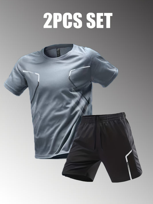 Տղամարդկանց ամառային սպորտային հագուստի հավաքածու 2 հատ. հարմարավետ պոլիեսթեր պարանոցով շապիկ և սև շորտեր կողային գծերով, ամենօրյա ոճ, հեշտ խնամք, սպորտային շորտեր