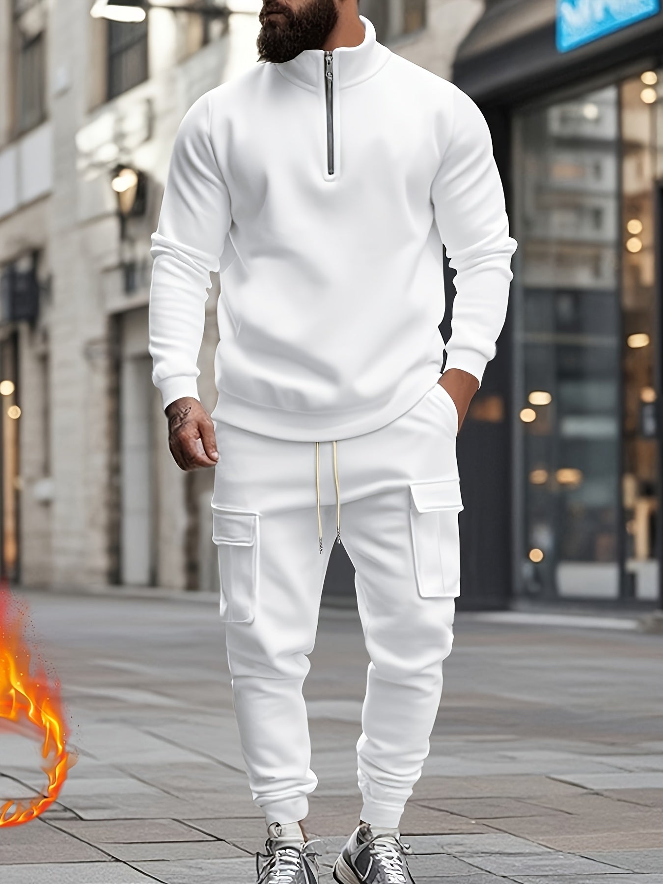 Բազմակողմանի համույթ, տղամարդկանց համար նախատեսված առօրյա 2 հատանոց հավաքածու. Բարձր վզնոցով ծանր, կայծակաճարմանդով սվիտեր և գրպաններով աշխատանքային տաբատ՝ միագույն, փափուկ գործվածքից՝ աշուն/ձմեռ համար