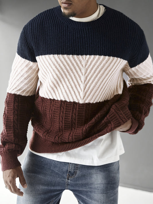 Men's Fashion Color-Block Striped Crew Neck Long Sleeve Casual Pullover, Trendy Elastic Warm Knitwear for Winter Outdoor Activities