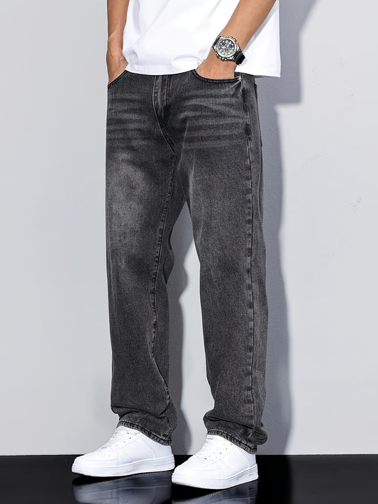Men'S Casual Loose Fit Denim Jeans, 88.5% Cotton 8.5% Polyester 3% Rayon, All-Season Solid Color Washed Fabric, Regular Length, Non-Stretch Woven Denim Pants - ayq
