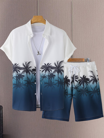 Men'S Casual Gradient Coconut Tree Short Sleeve Shirt + Shorts 2pcs Set - Tropical Palm Print, Button-Up Collared Design, Lightweight Polyester Blend for Spring/Summer Outings, Summer Outfit | Tropical Print | Lightweight Fab