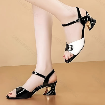 Women'S Fashion Solid Color Mid Heel Block Heel Open Toe Buckle Sandals, PU Upper, PU Insole, Rubber Sole, Hand Wash, for Women