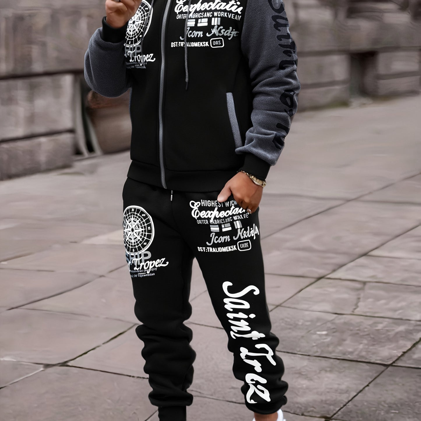 Men'S Bold Print Urban Streetwear Pullover Hoodie & Pants Set - Black & Red with "Saint" Design, Polyester, Long Sleeve, Regular Fit, Spring/Fall Casual Wear, Casual Streetwear Outfit|Bold Print Hoodie|Stretchy Fabric