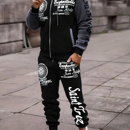 Men'S Bold Print Urban Streetwear Pullover Hoodie & Pants Set - Black & Red with "Saint" Design, Polyester, Long Sleeve, Regular Fit, Spring/Fall Casual Wear, Casual Streetwear Outfit|Bold Print Hoodie|Stretchy Fabric