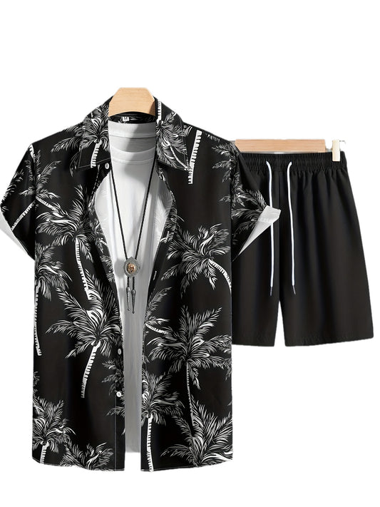 Կոկոսի ծառի նախշերով, տղամարդկանց 2 հատ հագուստ, առօրյա ճամբարային օձիքով, կոճակներով վերնաշապիկներ, հավայան վերնաշապիկ և լարով շորտերի հավաքածու ամառային համար, տղամարդկանց հագուստ