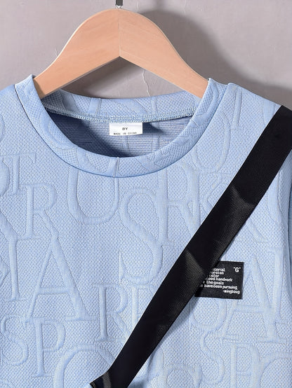 Տղաների համար նախատեսված ոճային սպիտակ կարճ թևքով մարզաշապիկ + առօրյա շորտեր + նորաձև կրծկալով պայուսակի հավաքածու, իդեալական է բացօթյա օգտագործման համար