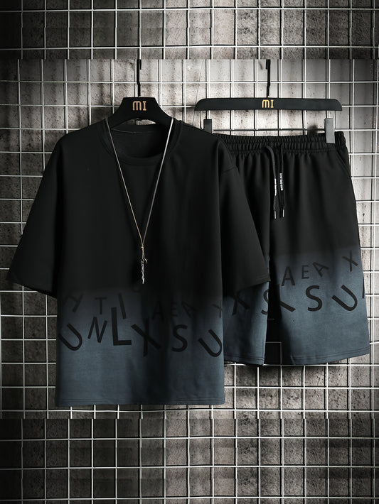 Տղամարդկանց ոճային ամառային հագուստի 2 մասից բաղկացած հավաքածու՝ գրադիենտային ոճով, տղամարդկանց կարճ թևքերով բամբակյա խառնուրդով մարզաշապիկ և լարով շորտերի հավաքածու