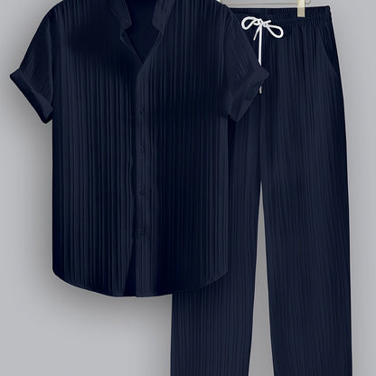 2-Piece Men's Summer Striped Polyester Suit, Short Sleeve Stand Collar Shirt and Drawstring Pants, Non-Stretch Fabric, Suitable for Casual Wear and Beach Vacation, Solid Color