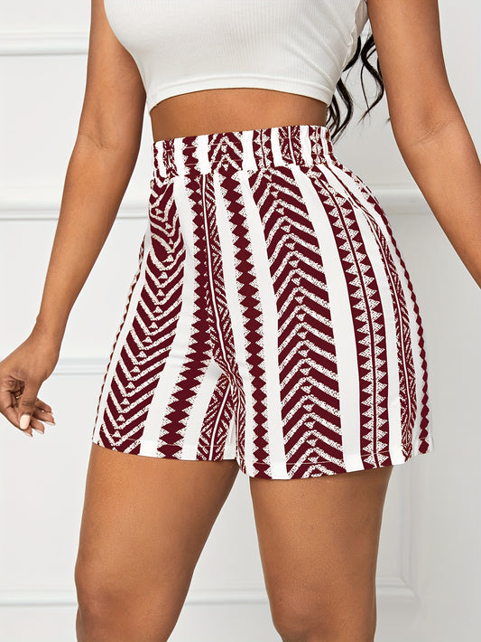 Ցեղային գծավոր պրինտ շորտեր, արձակուրդային էլաստիկ գոտկատեղ ամառային շորտեր, կանացի հագուստ